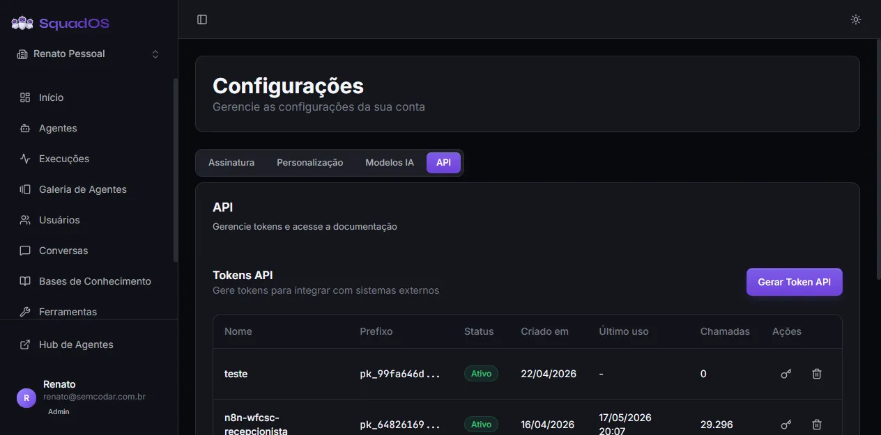 Aba API em Configurações com a lista de tokens existentes e o botão Gerar Token API