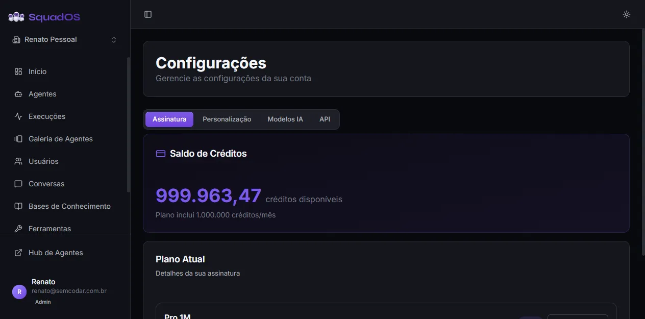 Aba Assinatura com o Saldo de Créditos e o Plano Atual