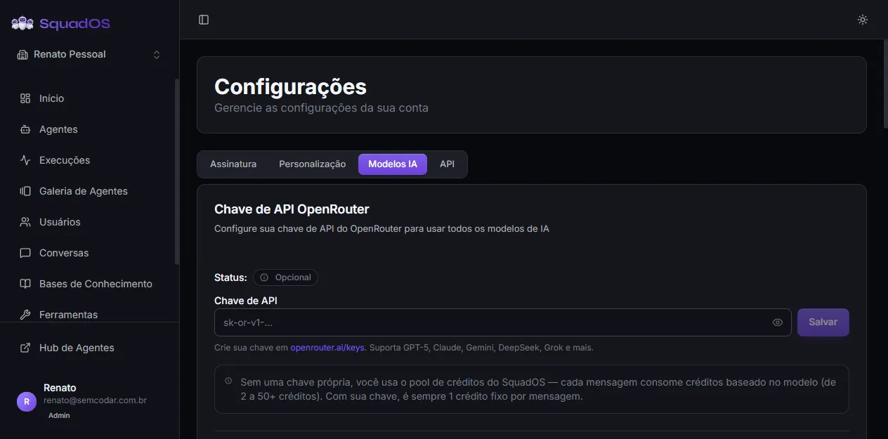 Aba Modelos IA com a chave OpenRouter (opcional) e a tabela de modelos