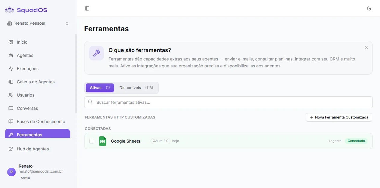 Tela /admin/tools com botão Nova Ferramenta Customizada