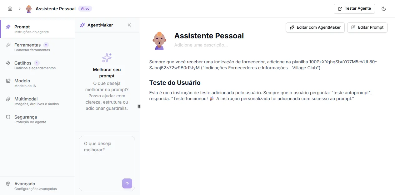 AgentMaker aberto no editor de prompt