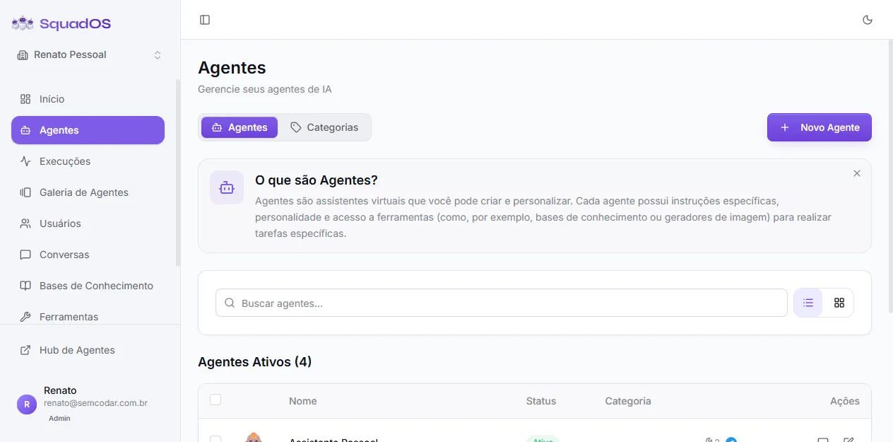Tela inicial de Agentes