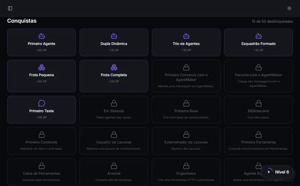 Grade de conquistas: desbloqueadas (coloridas) e bloqueadas (em cinza, com dica)