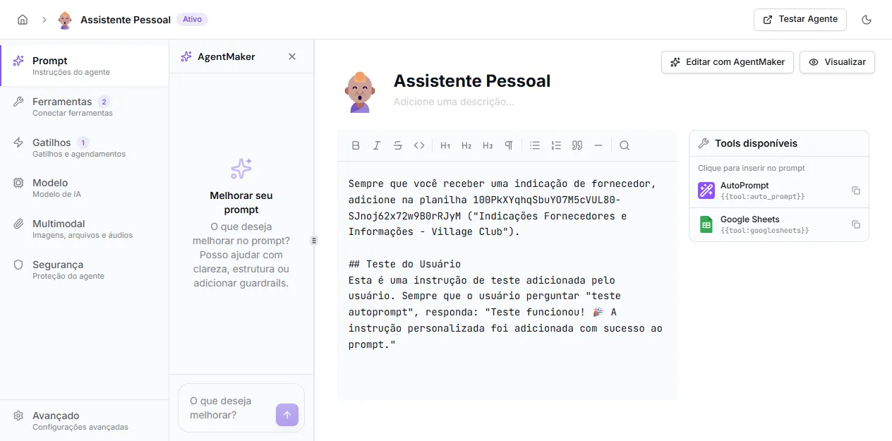 Modo edição direta com painel de Tools