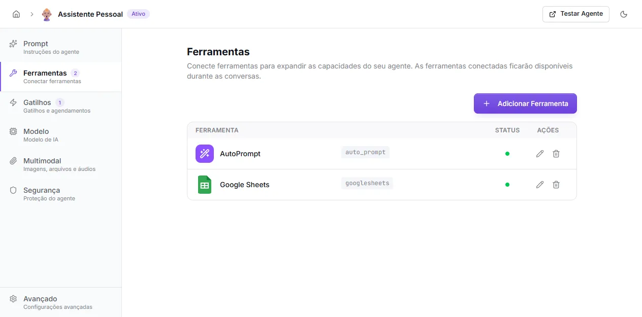 Aba Ferramentas com duas ferramentas ativas