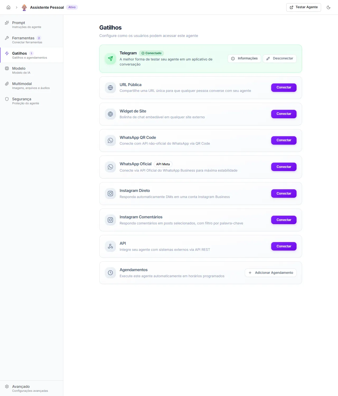 Grid de gatilhos disponíveis na tela de edição do agente