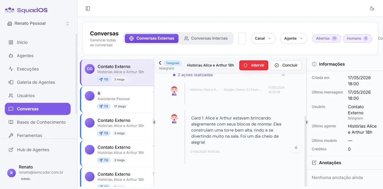 Botões Intervir e Concluir no header da conversa