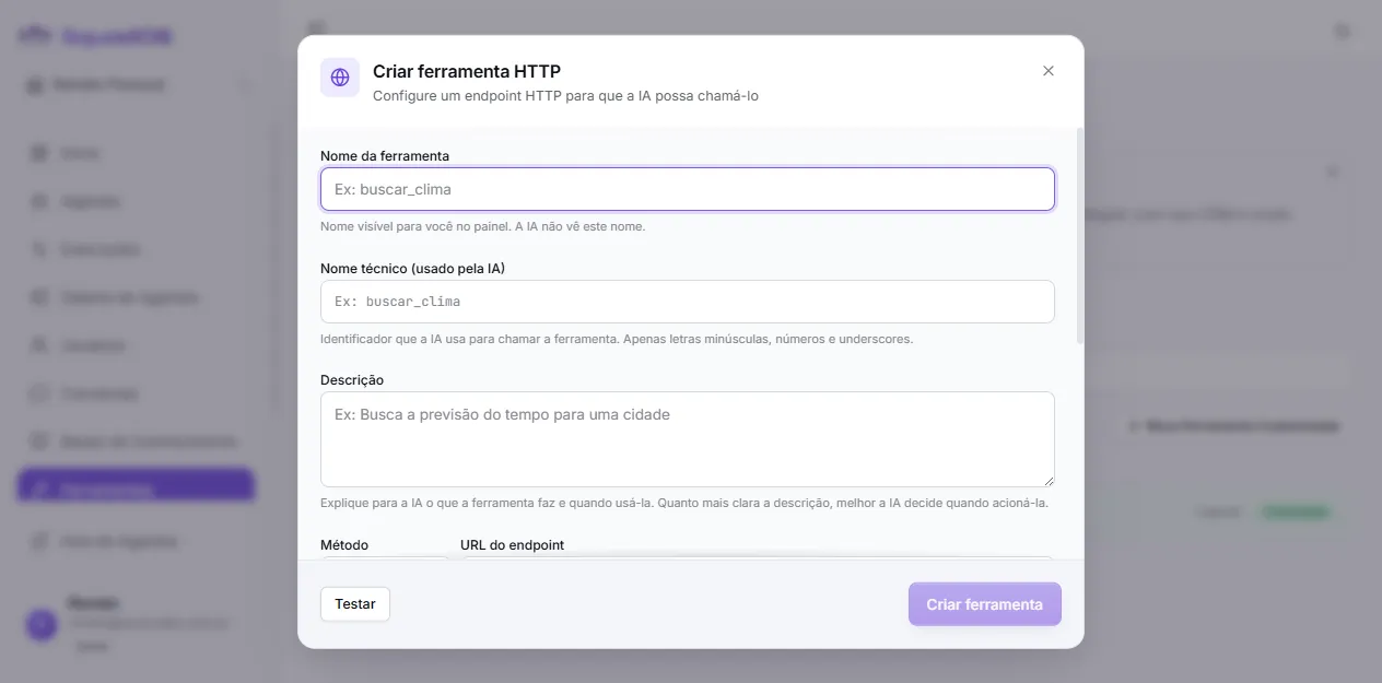Modal Criar ferramenta HTTP