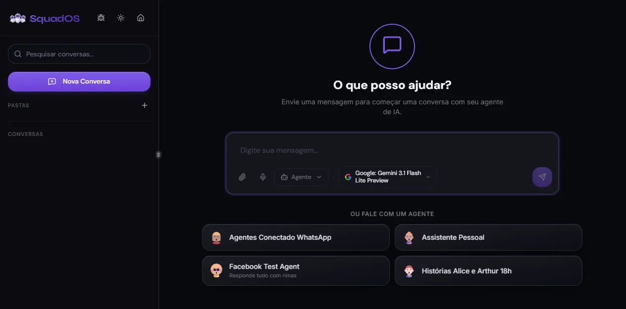Hub com chat aberto para testar o agente