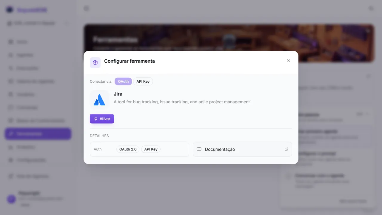 Modal de detalhes da ferramenta com o seletor "Conectar via"