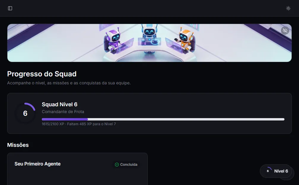 Página Progresso do Squad: nível, barra de XP e missões