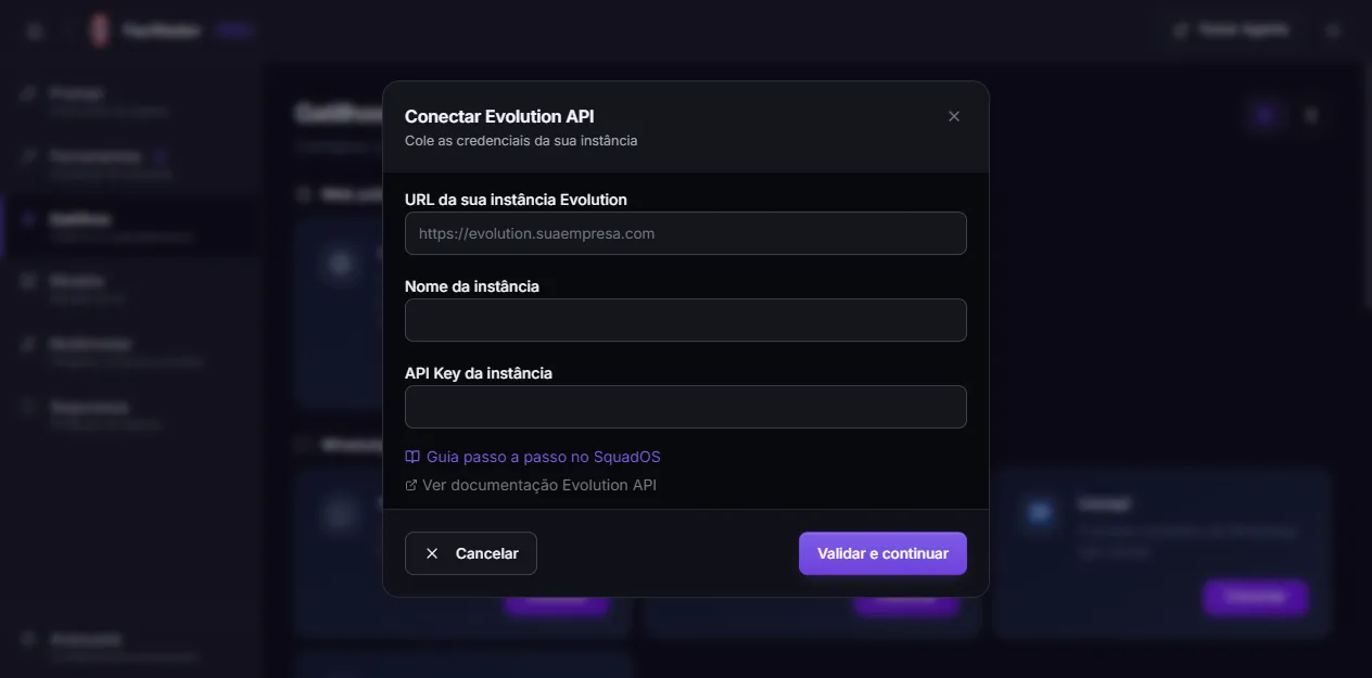 Modal Conectar Evolution API com URL, nome da instância e API Key