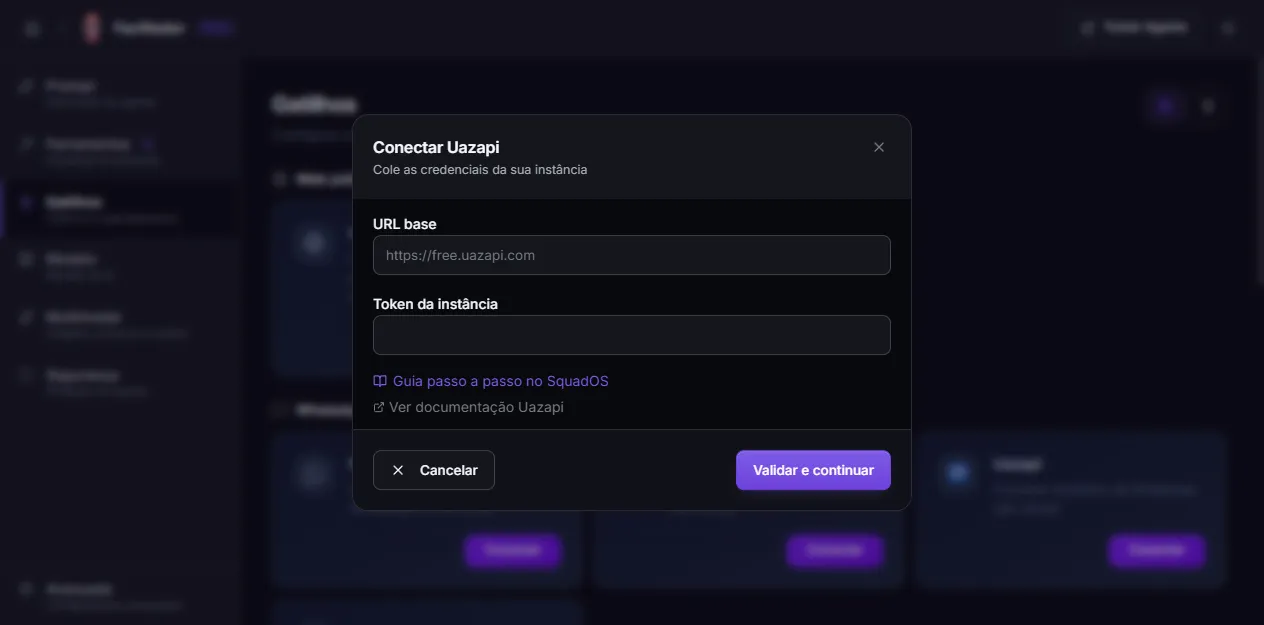 Modal Conectar Uazapi com os campos URL base e Token da instância