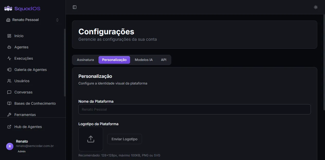 Aba Personalização com os campos de nome, logo e idioma
