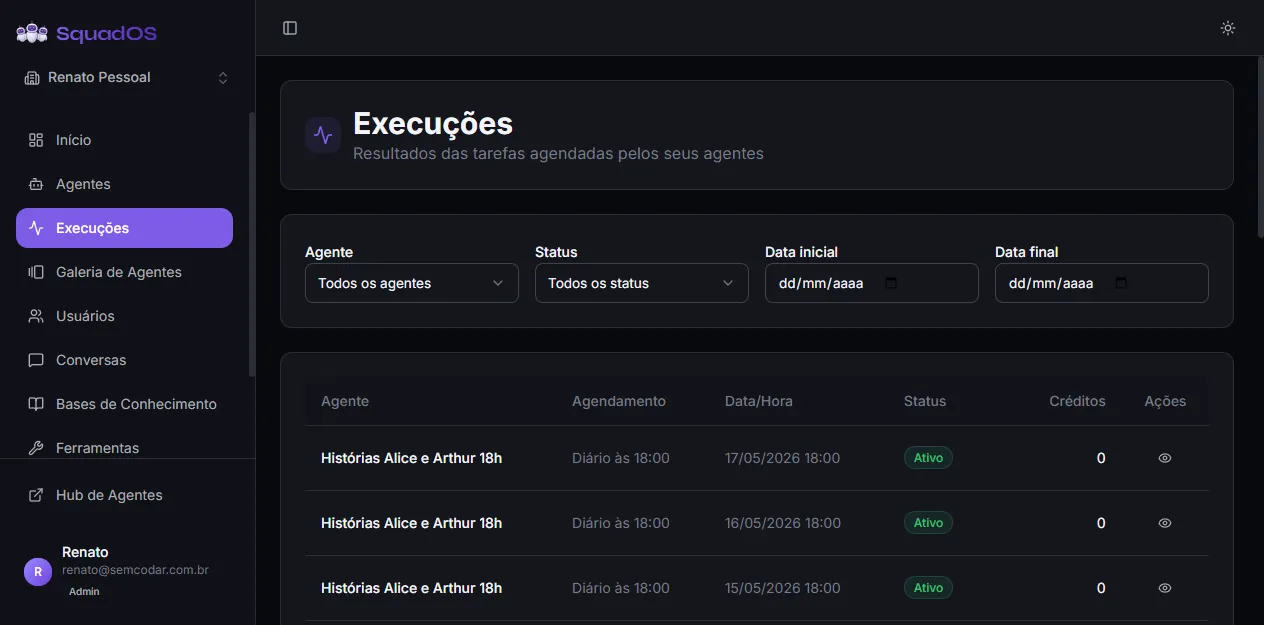 Tela Execuções com filtros, tabela de execuções e paginação