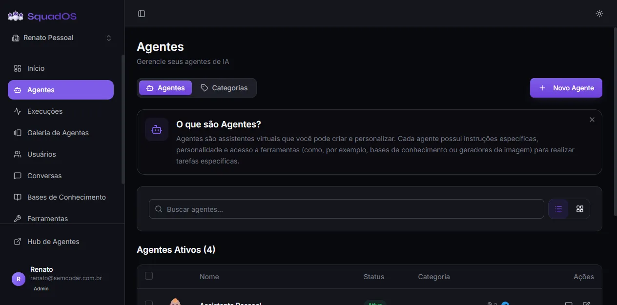 Tela de Agentes com o botão Novo Agente