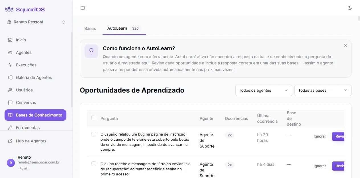 Tela AutoLearn com oportunidades pendentes