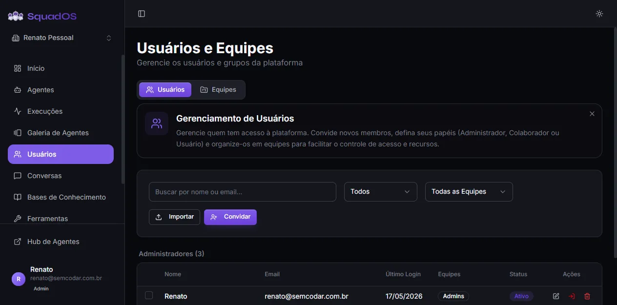 Aba Usuários com filtros, ações em lote e tabela de membros + convites pendentes